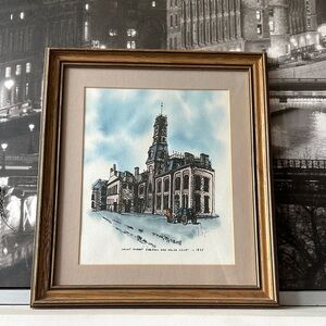 Vintage Court Street Firehall & Police Court 1875 Architectural Art Brown Frame